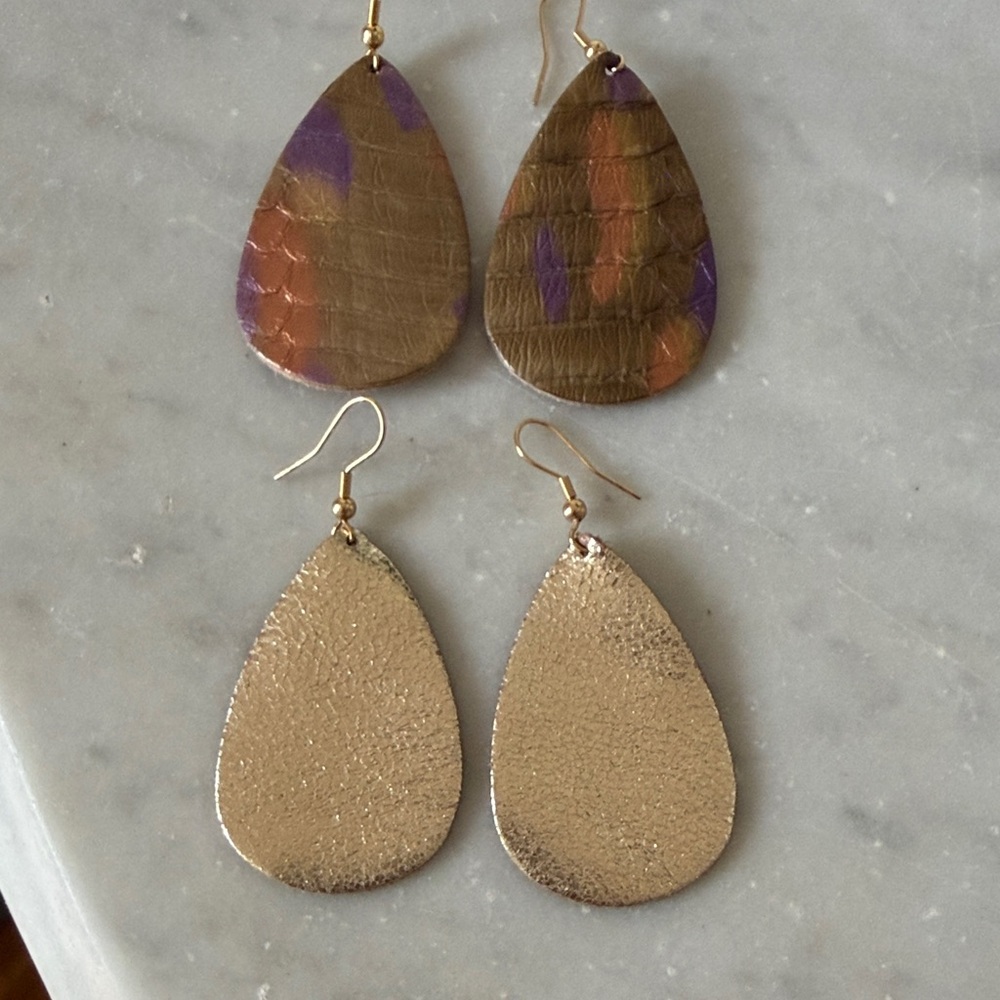 Gold and Multicolor Teardrop Leather Earrings